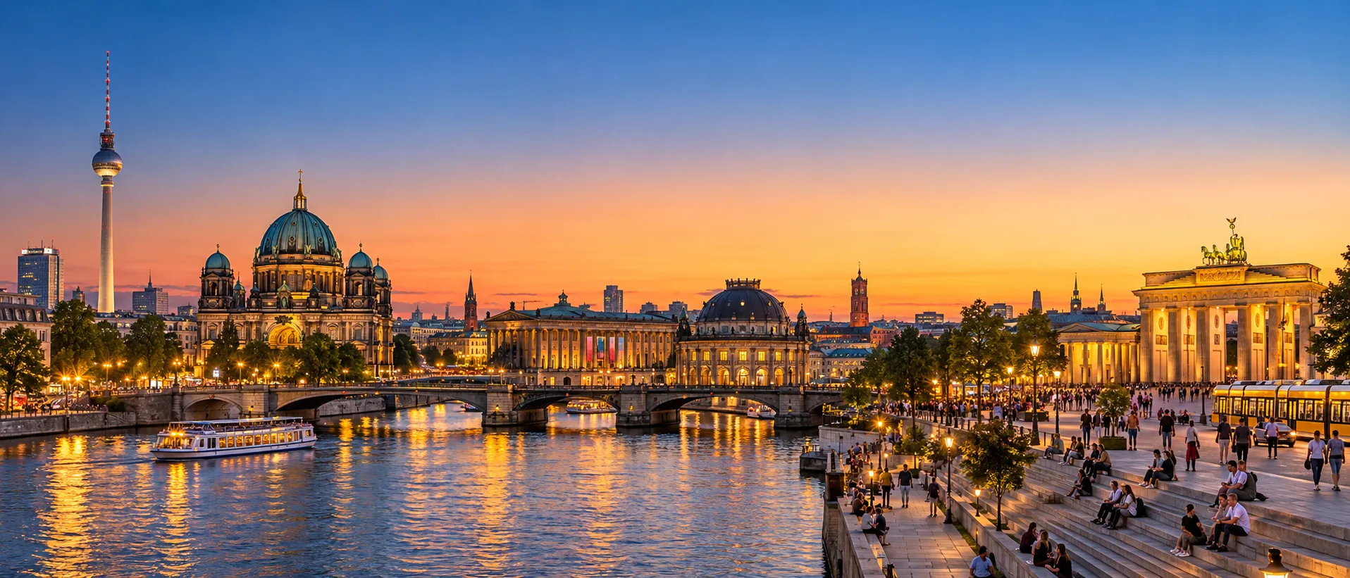 Berlin: Fernsehturm, Berliner Dom, Spree und Brandenburger Tor im Abendlicht