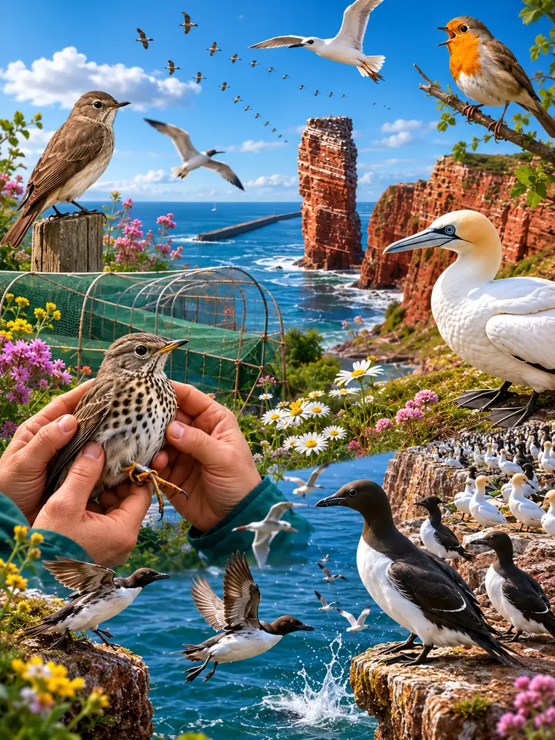 Vogelwarte Helgoland mit Seevögeln über den Klippen
