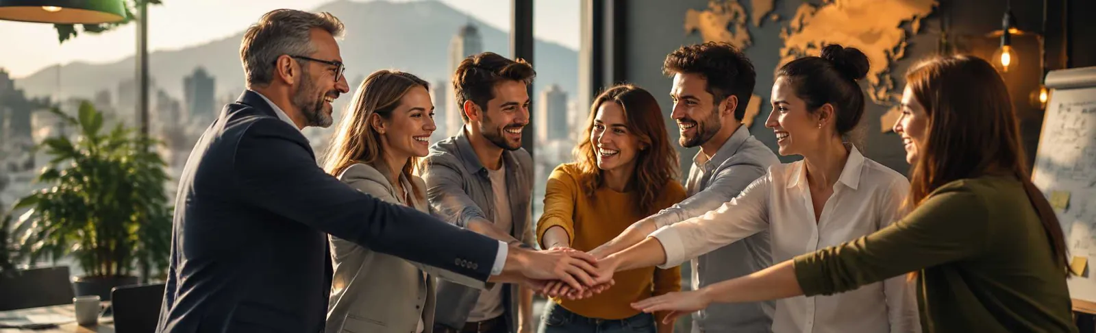 Team beim Firmenevent, alle legen die Hände in der Mitte zusammen