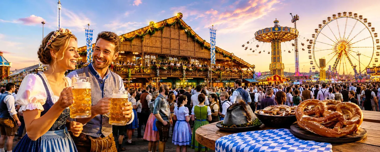 Oktoberfest München auf der Theresienwiese mit Festzelten und Fahrgeschäften